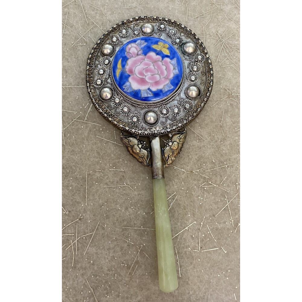 Antique Style Chinese Mirror with Floral Porcelain Back And Jade Handle 8.65"T